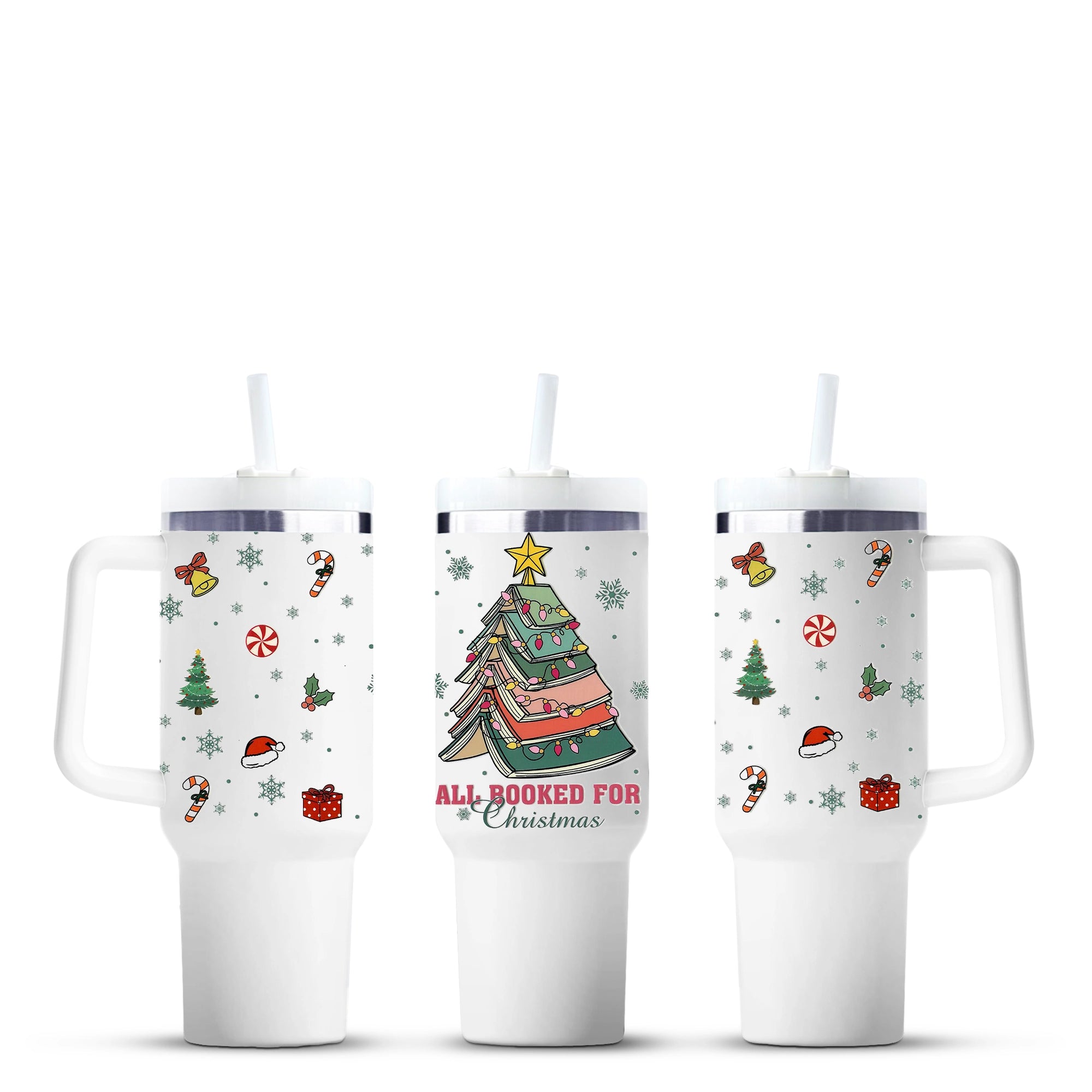 Christmas book tree 40oz tumbler with festive decorations, Master Maker Crafts wholesale Ohio DIY Craft Warehouse