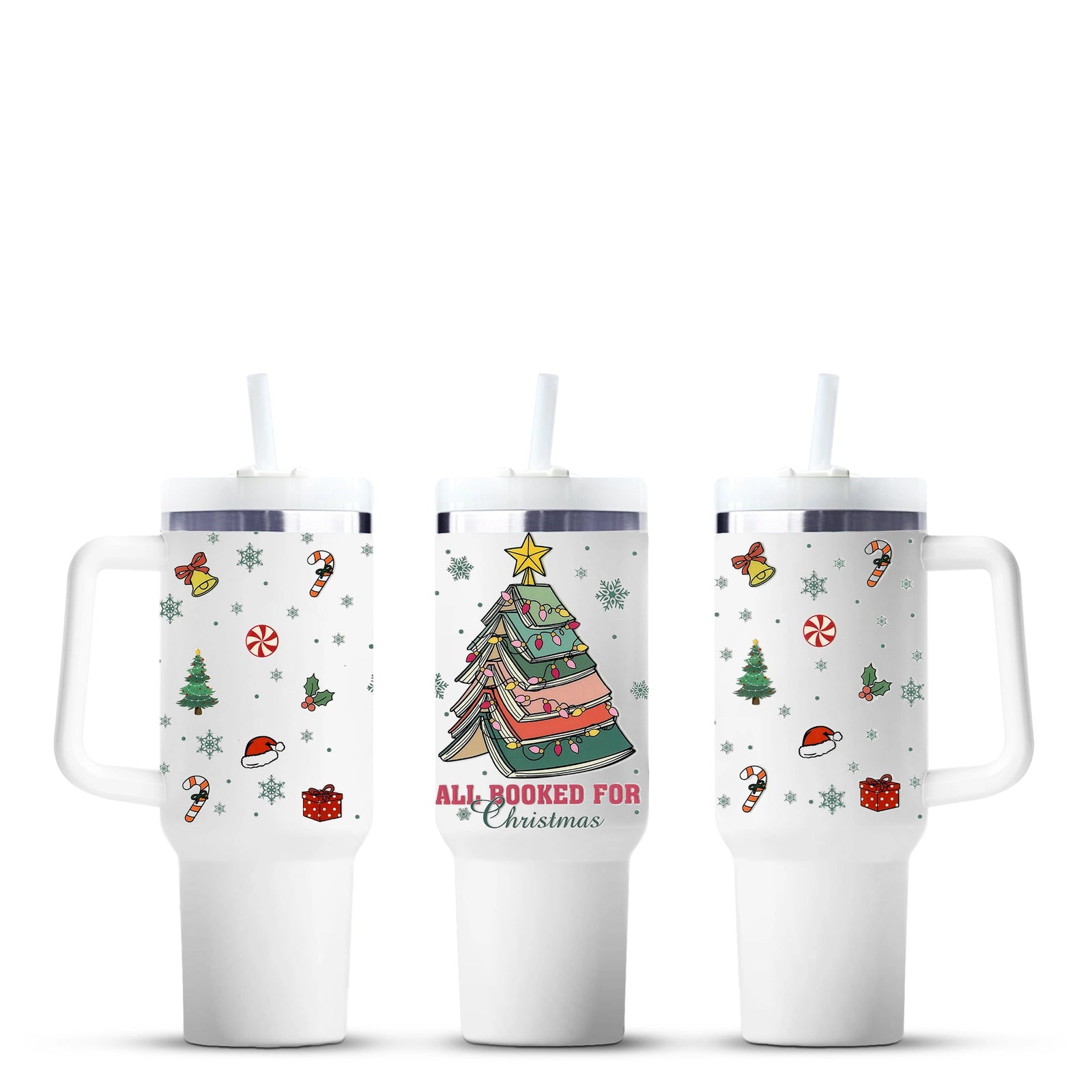 Christmas book tree 40oz tumbler with festive decorations, Master Maker Crafts wholesale Ohio
