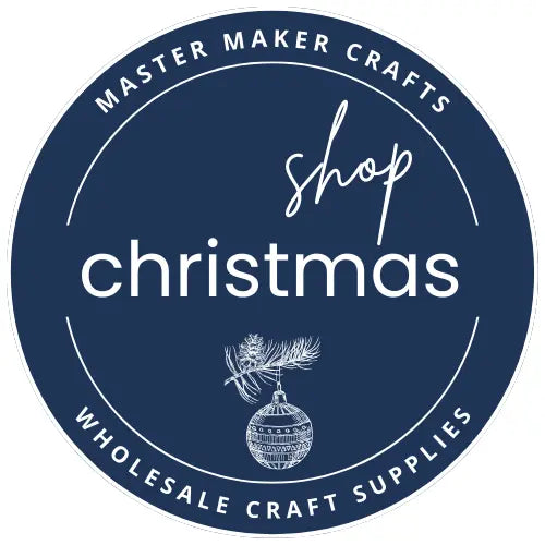 Circular logo for Master Maker Crafts Shop Christmas with a decorative ball and branch on a navy background. DIY Craft Warehouse