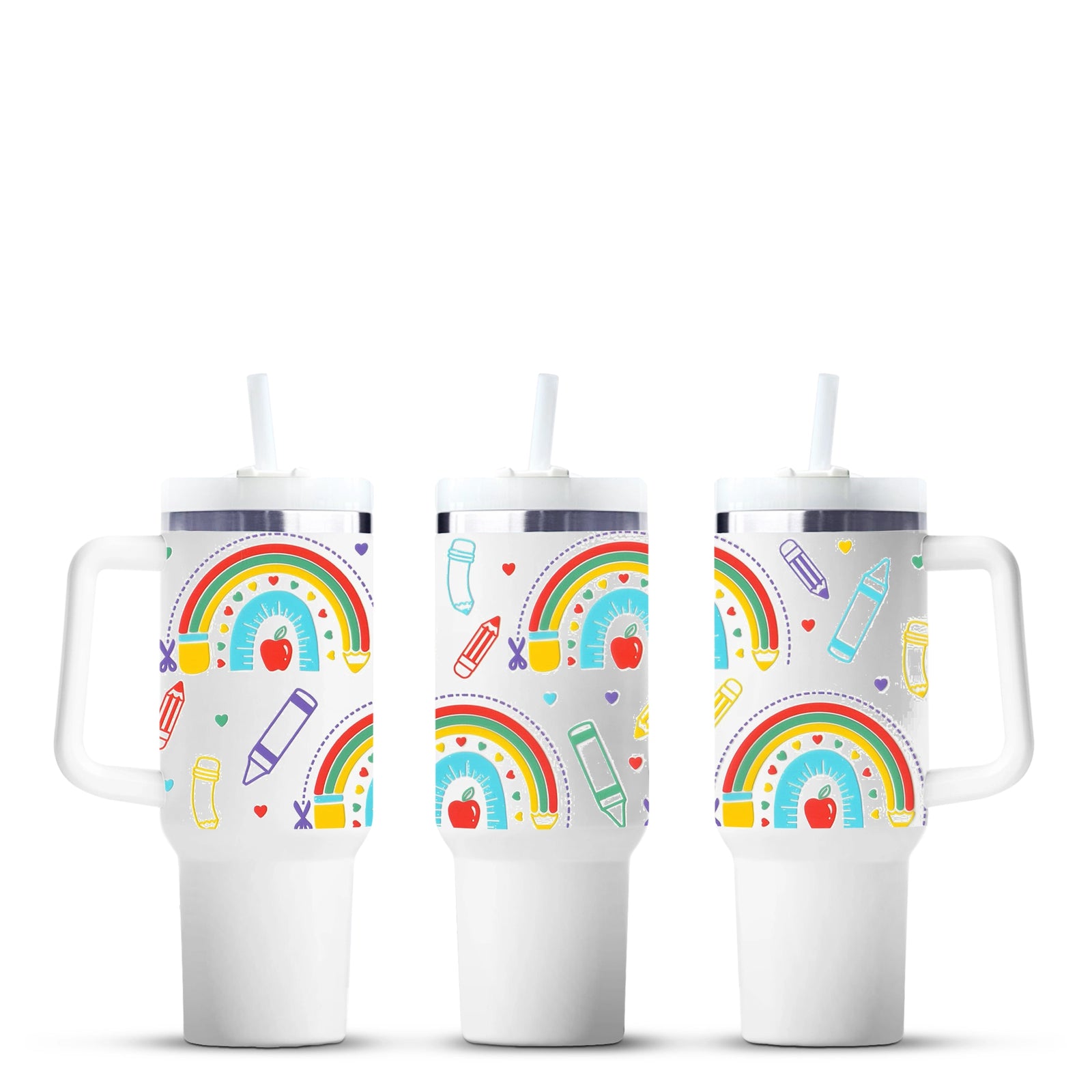 Colorful rainbow tumbler cups with school doodle pattern, Master Maker Crafts wholesale, Ohio