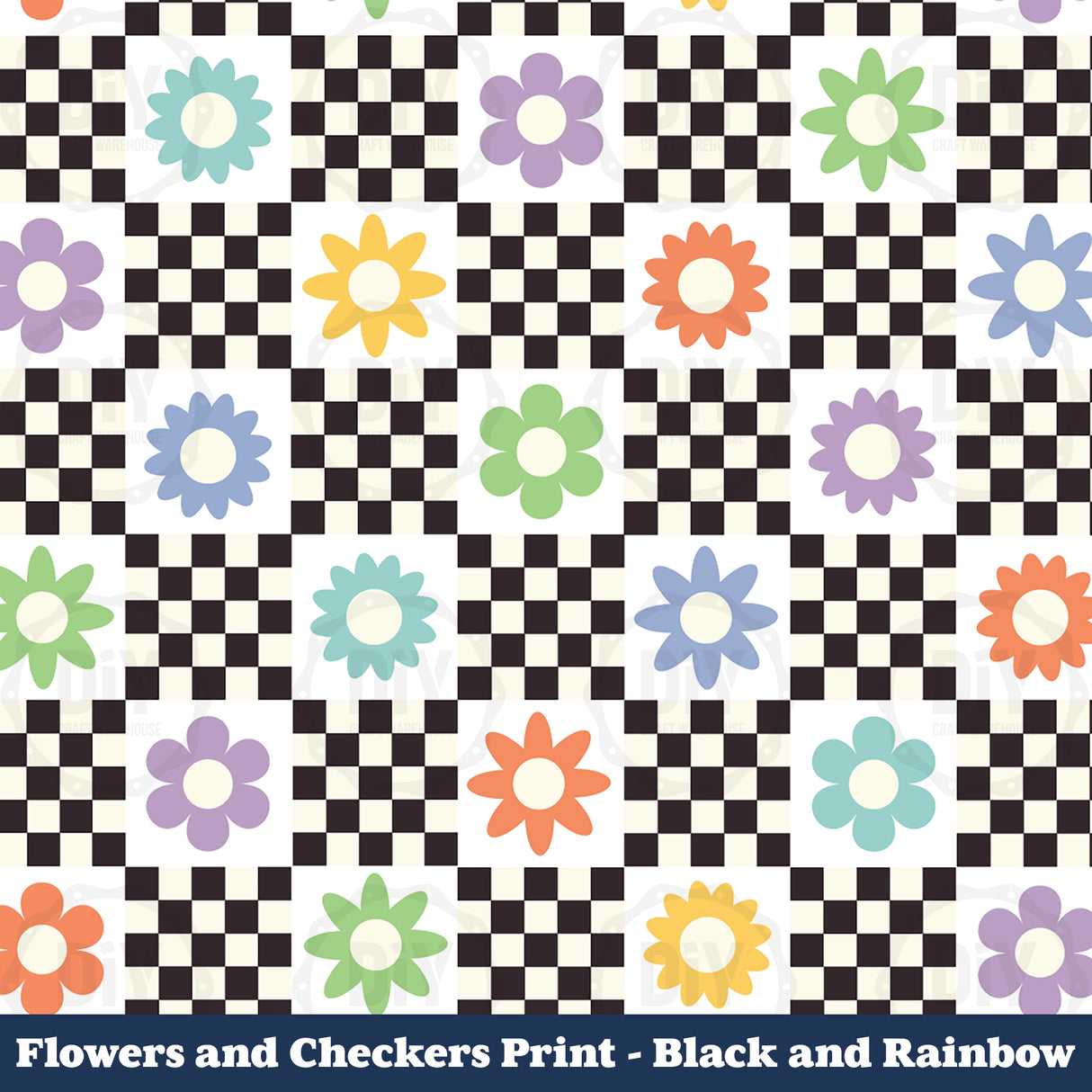 Flowers & Checkers Sublimation Transfer - Black & Rainbow