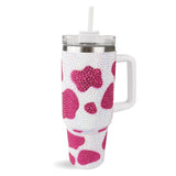 Handled Travel Mug Cow Rhinestone - Pink &  Iridescent