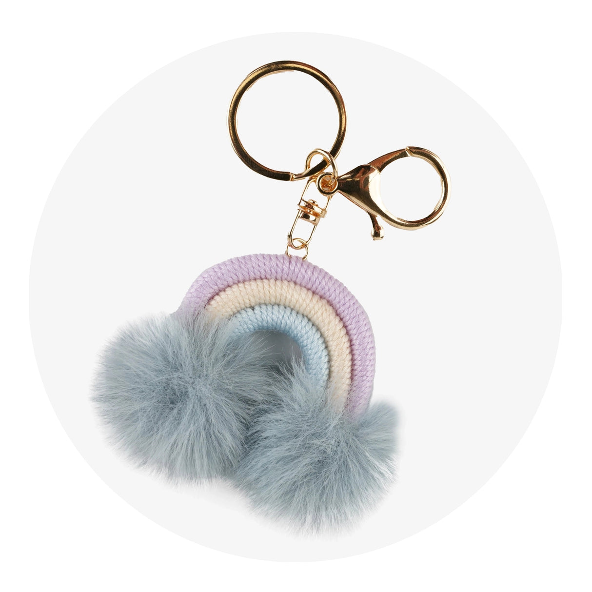 Keychain Woven Rainbow Pom with Lobster Claw - Light Purple & Pastel