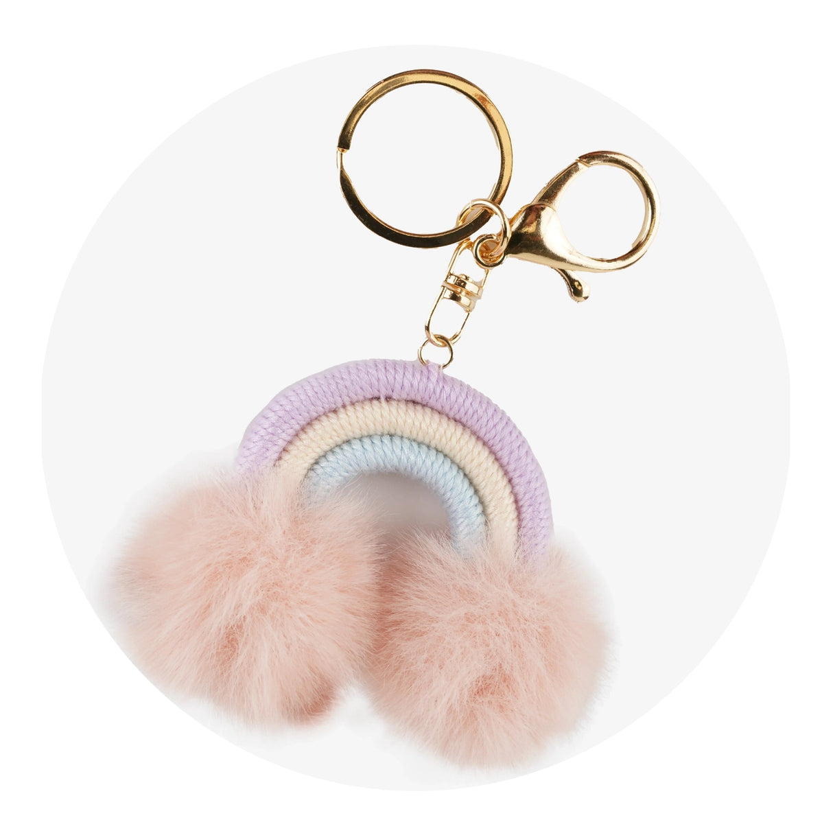 Keychain Woven Rainbow Pom with Lobster Claw - Light Purple & Pink