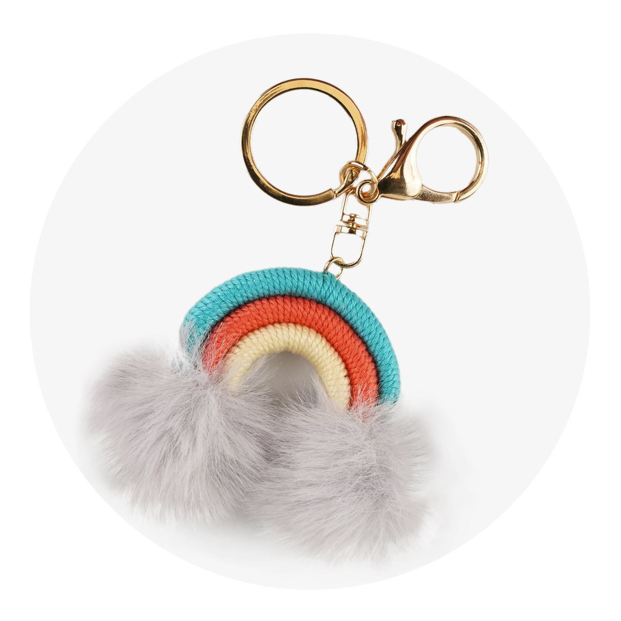 Keychain Woven Rainbow Pom with Lobster Claw - Teal & Umber