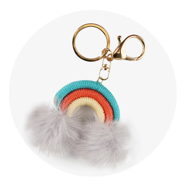 keychain woven rainbow pom with lobster claw teal umber