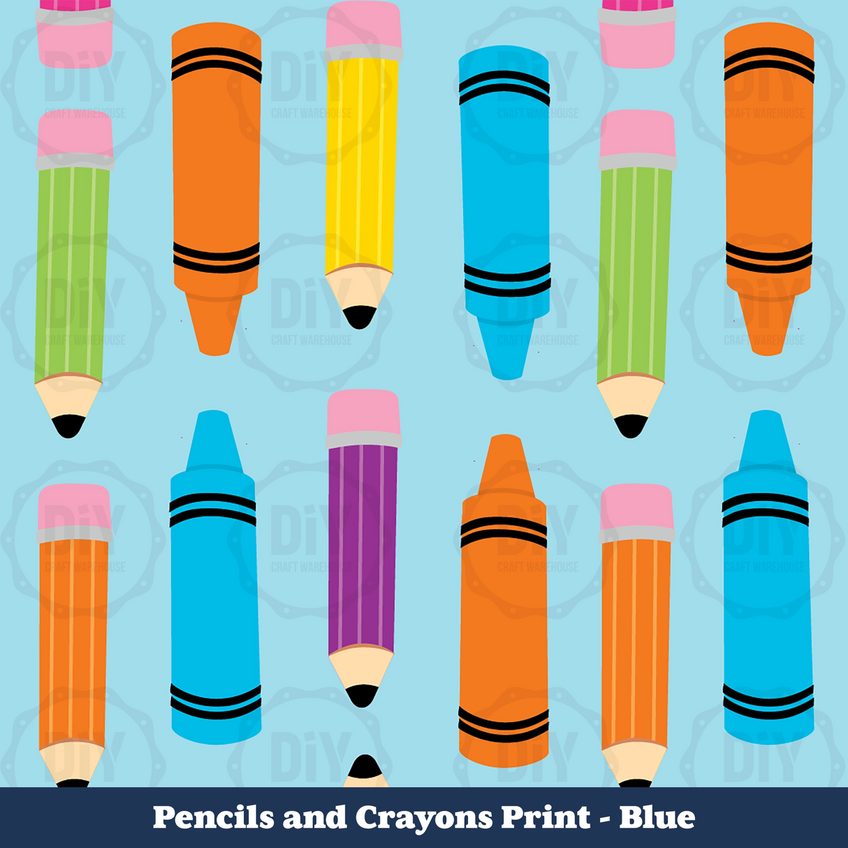 Pencil & Crayons Sublimation Transfer - Blue