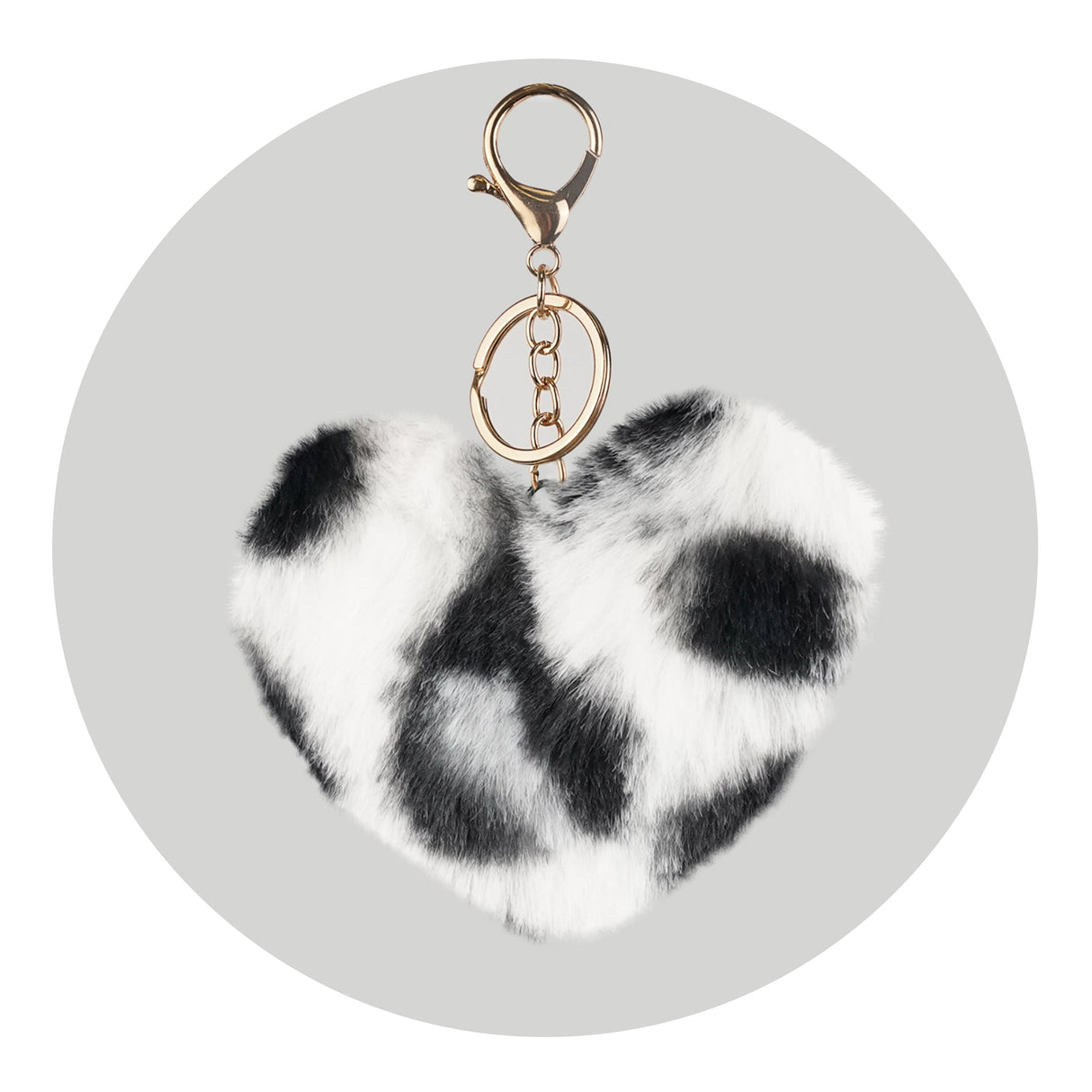 Pom Pom Heart Key Chain - Light Gray & Black Leopard