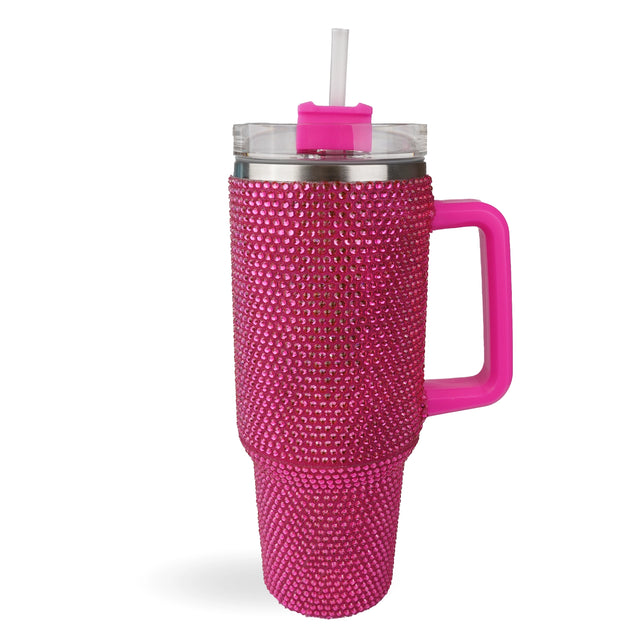 handled travel mug rhinestone hot pink