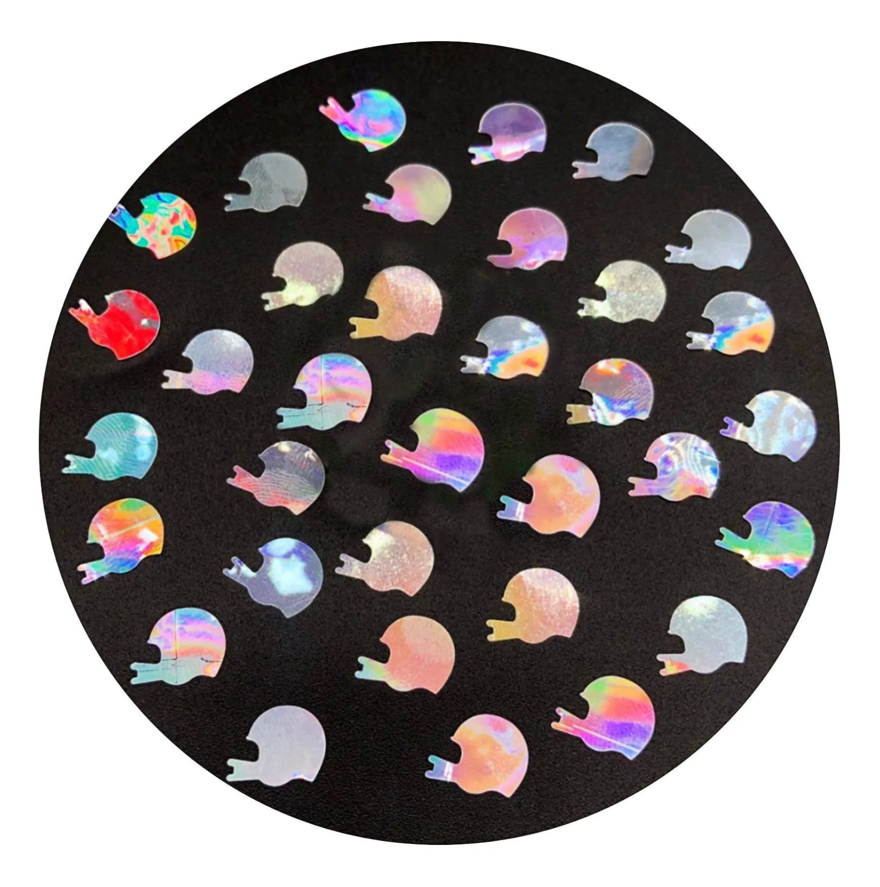 Holographic helmet-shaped craft sequins on black background, Master Maker Crafts wholesale supplies. DIY Craft Warehouse