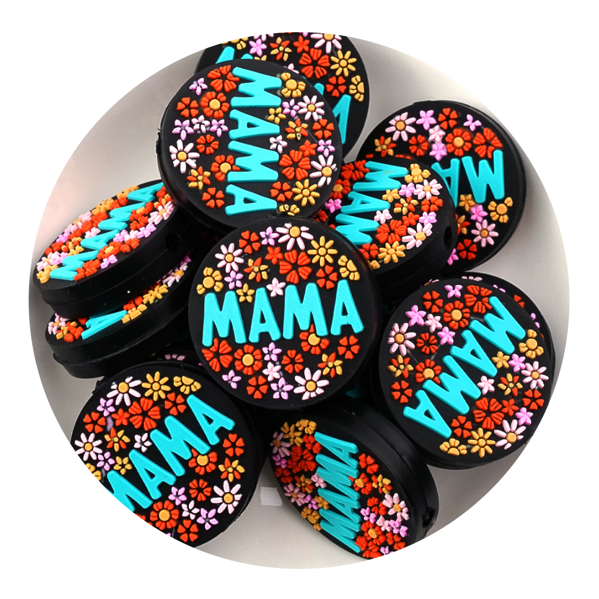 silicone focal bead mama flowers round blue