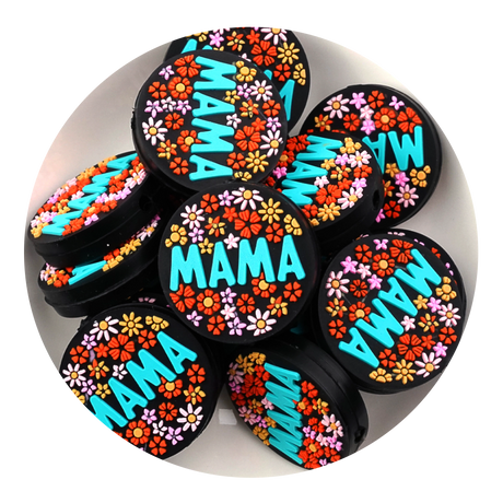 silicone focal bead mama flowers round blue