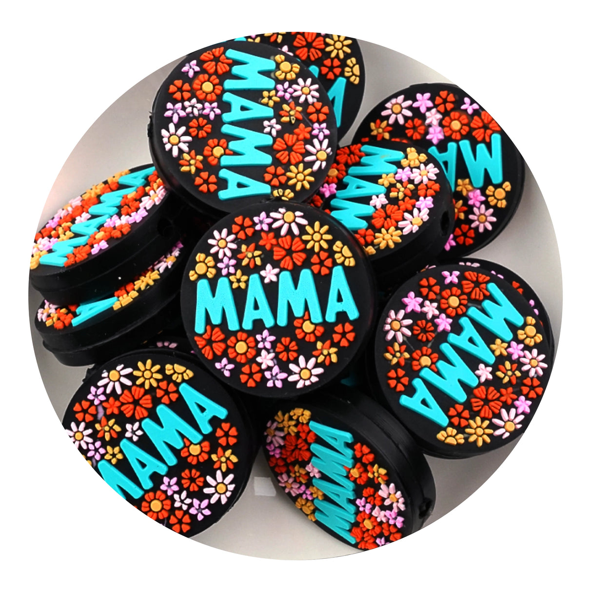 Silicone Focal Bead Mama Flowers Round - Blue