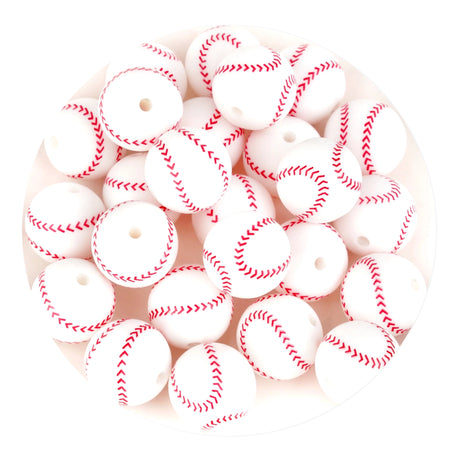 silicone focal bead round baseball white