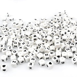 Letter & Number Square Silicone String Beads - White & Black (12mm - 25/bag)