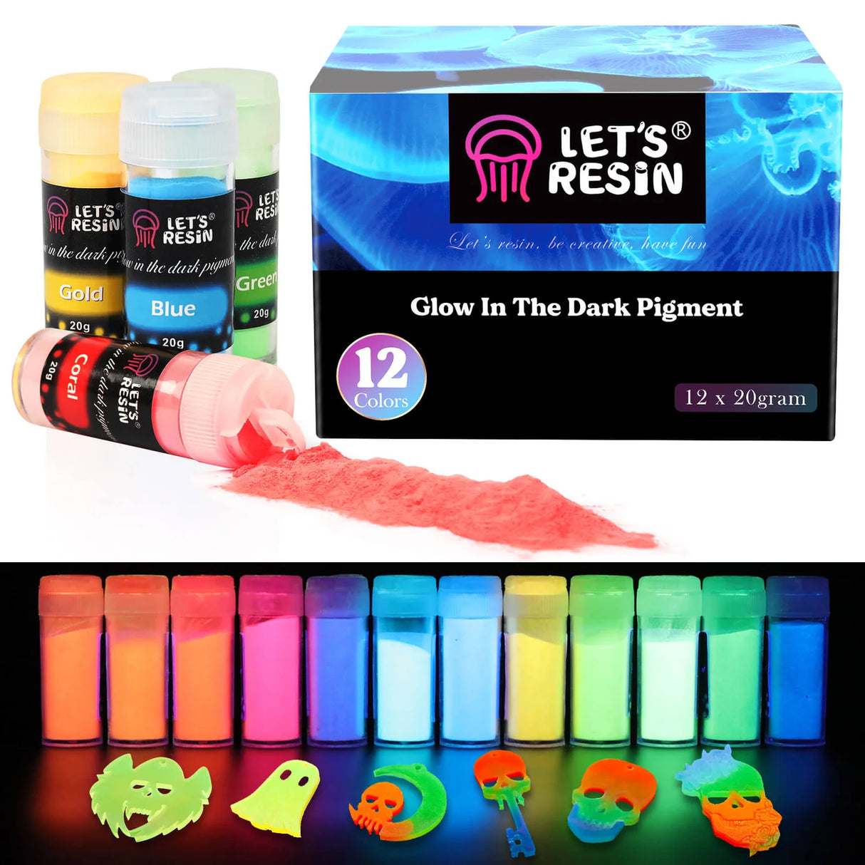 Let's Resin Glow In Dark Pigment Powder - 12 Jar Set