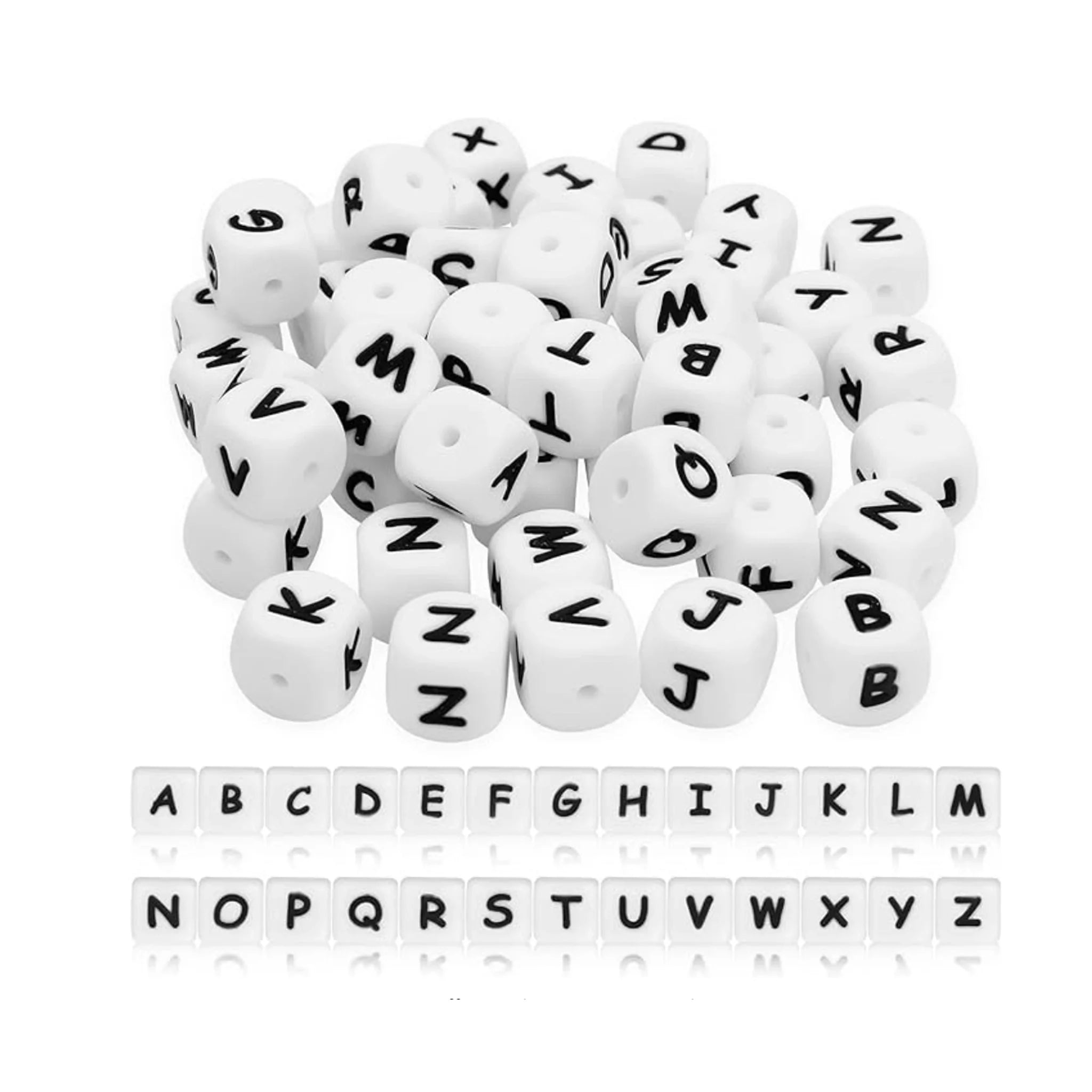 Letter & Number Square Silicone String Beads - White & Black (12mm - 25/bag) - DIY Craft Warehouse