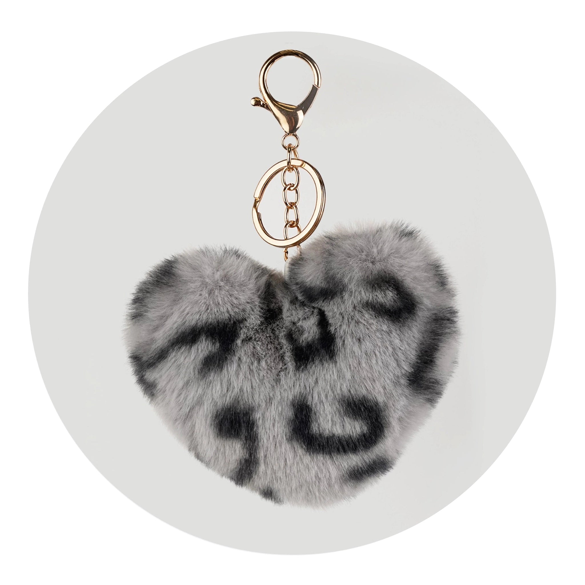 Pom Pom Heart Key Chain - Gray & Black Leopard - DIY Craft Warehouse